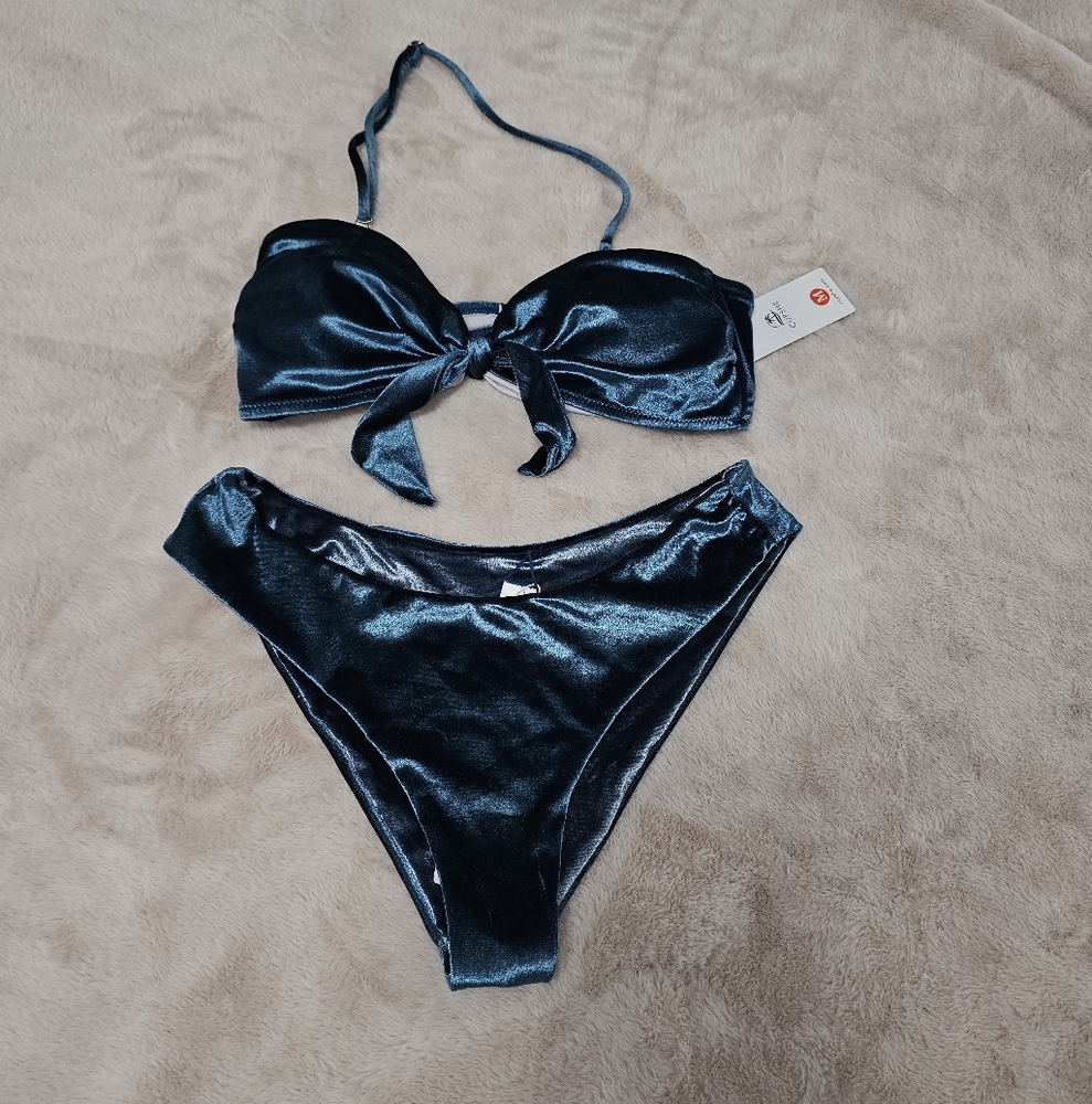 Cupshe Silky Blue High-Leg Cut Bandeau Bikini Set